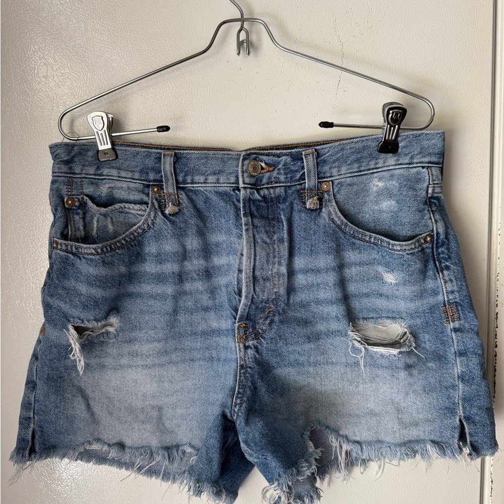 We The Free Curvy High-Waisted Light Blue Distressed Denim Cutoff Shorts